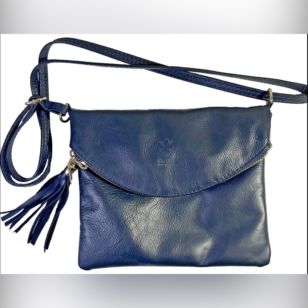 Vera Pelle Navy Blue tassel shoulder / crossbody purse made in Italy Leather